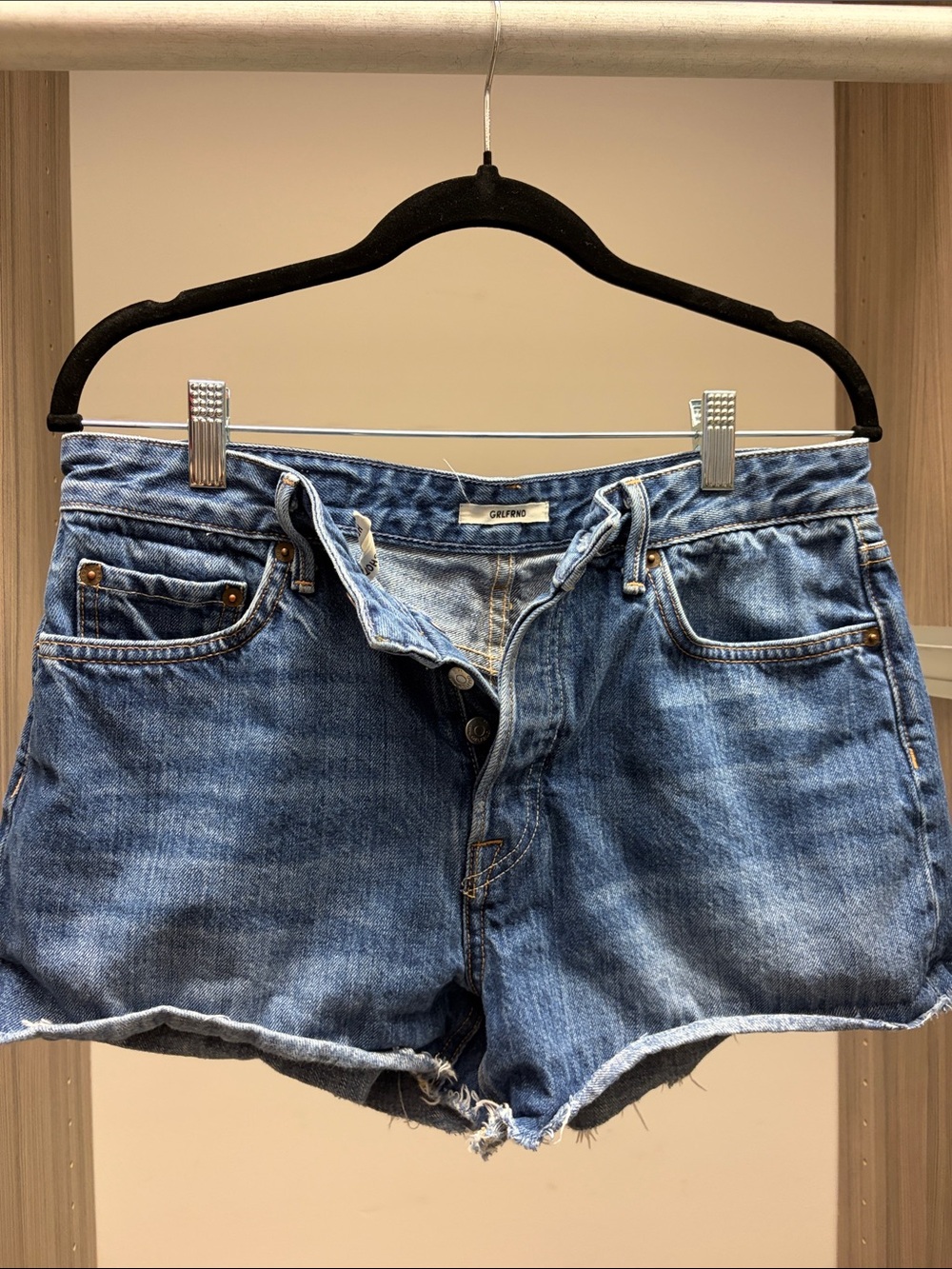 GRLFRND Helena Blue Denim Cutoff Shorts with Raw Hem Sz 28